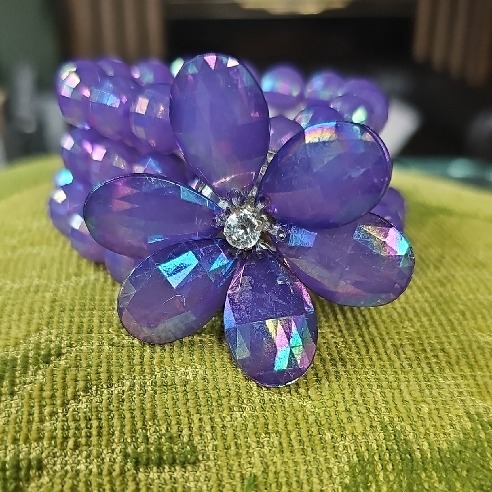 Vintage Purple Big Flower Beaded Bracelet 80s Jewelry Stretchy Women Retro